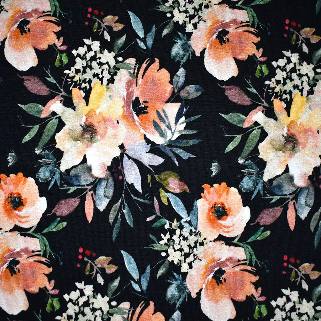 Watercolor Bouquets Digital Print Jersey French Terry Black