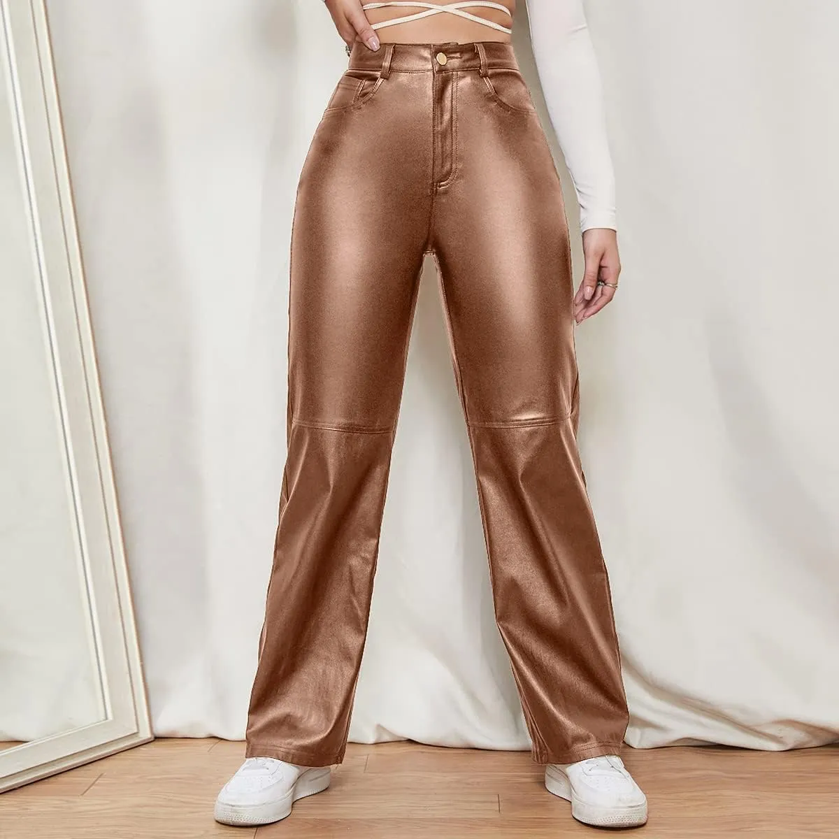 WDIRARA Women's Slant Pocket Straight Leg High Stretch Jeans Leather Look Long Pants