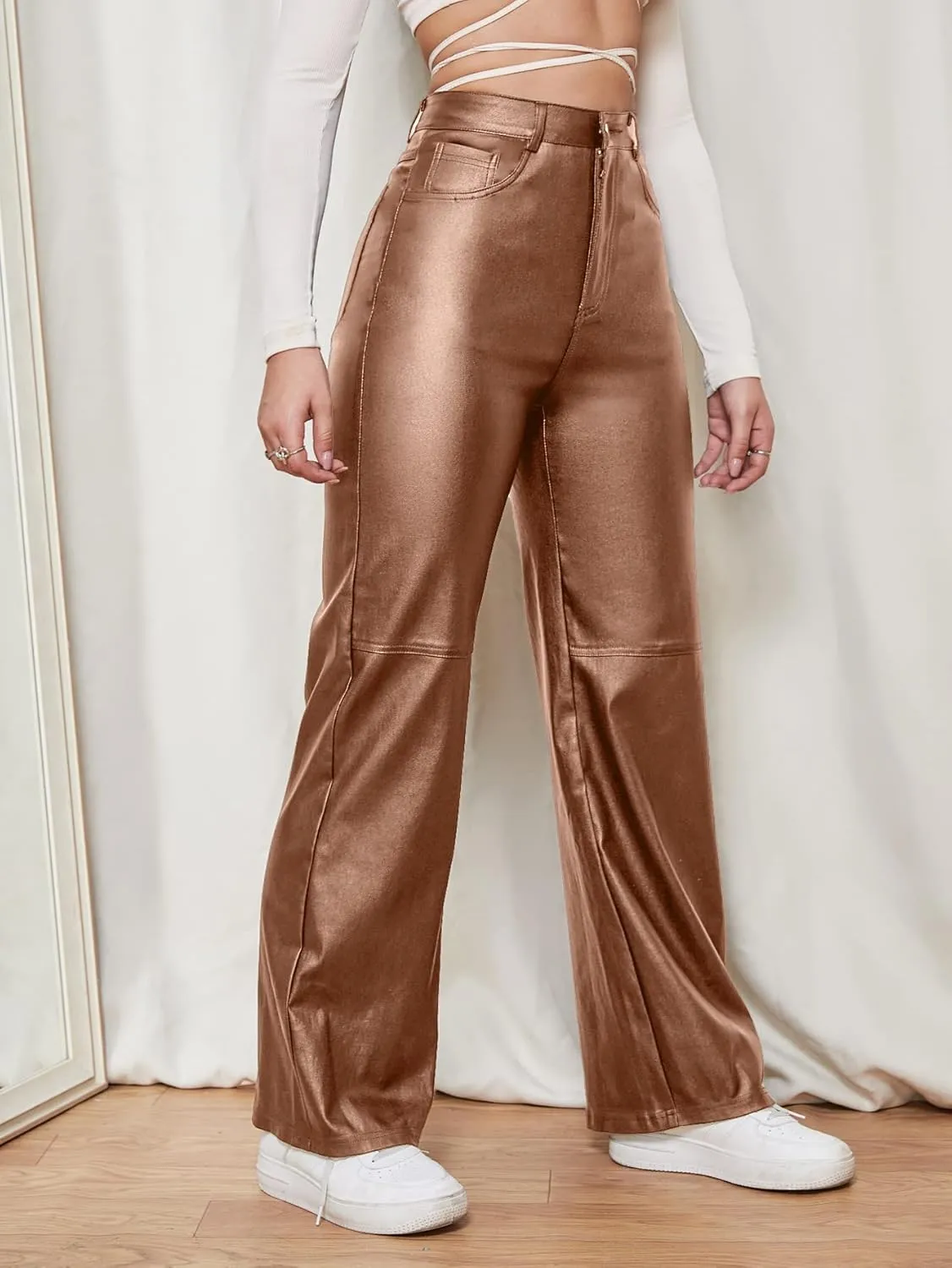WDIRARA Women's Slant Pocket Straight Leg High Stretch Jeans Leather Look Long Pants