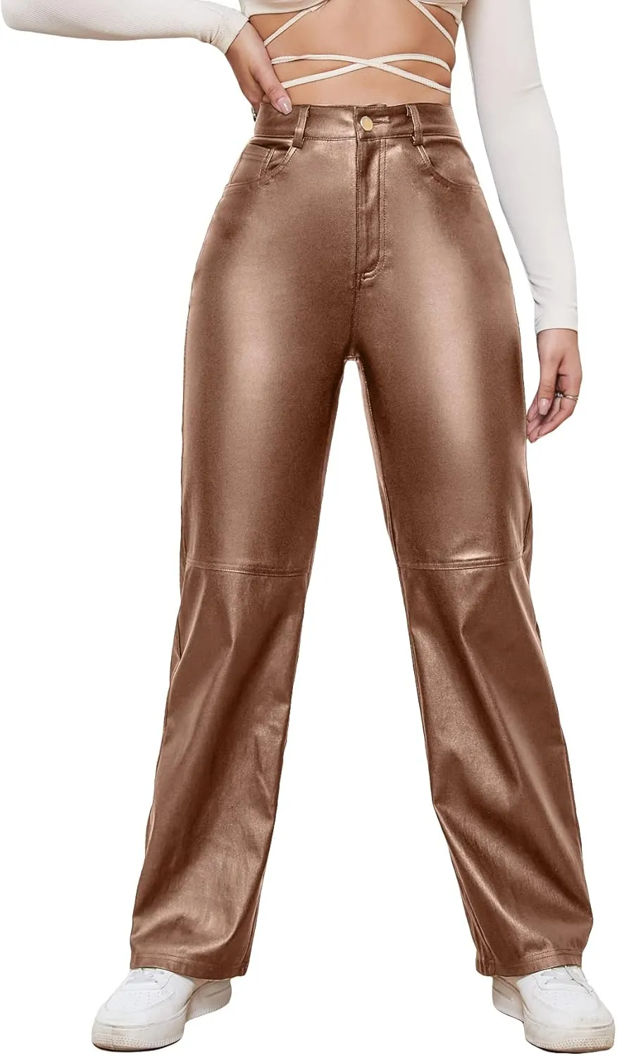 WDIRARA Women's Slant Pocket Straight Leg High Stretch Jeans Leather Look Long Pants