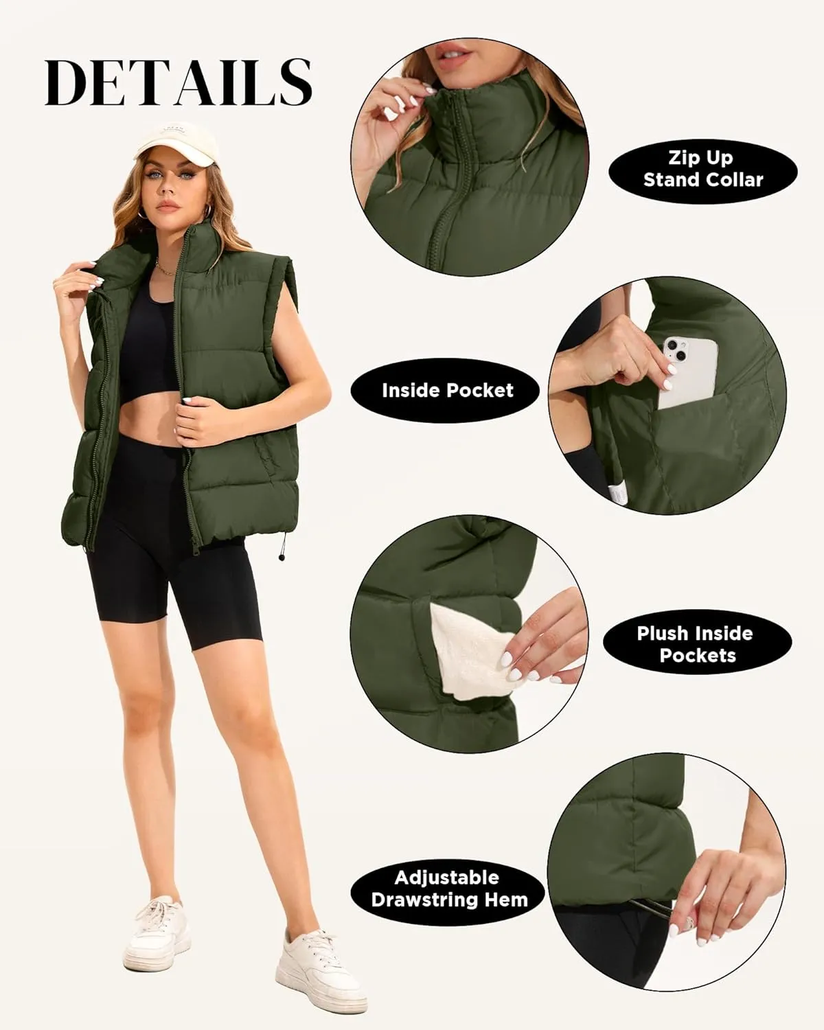 WHN Womens Oversized Puffer Vest Lightweight Winter Warm Stand Collar Padded Puffy Jackets Coats with Plush Pockets