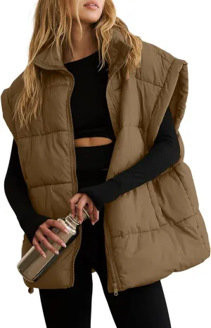 WHN Womens Oversized Puffer Vest Lightweight Winter Warm Stand Collar Padded Puffy Jackets Coats with Plush Pockets