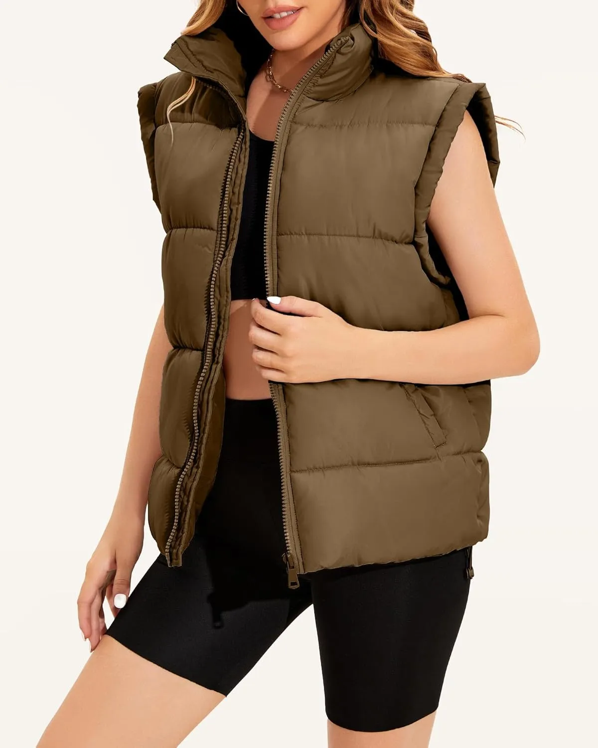 WHN Womens Oversized Puffer Vest Lightweight Winter Warm Stand Collar Padded Puffy Jackets Coats with Plush Pockets