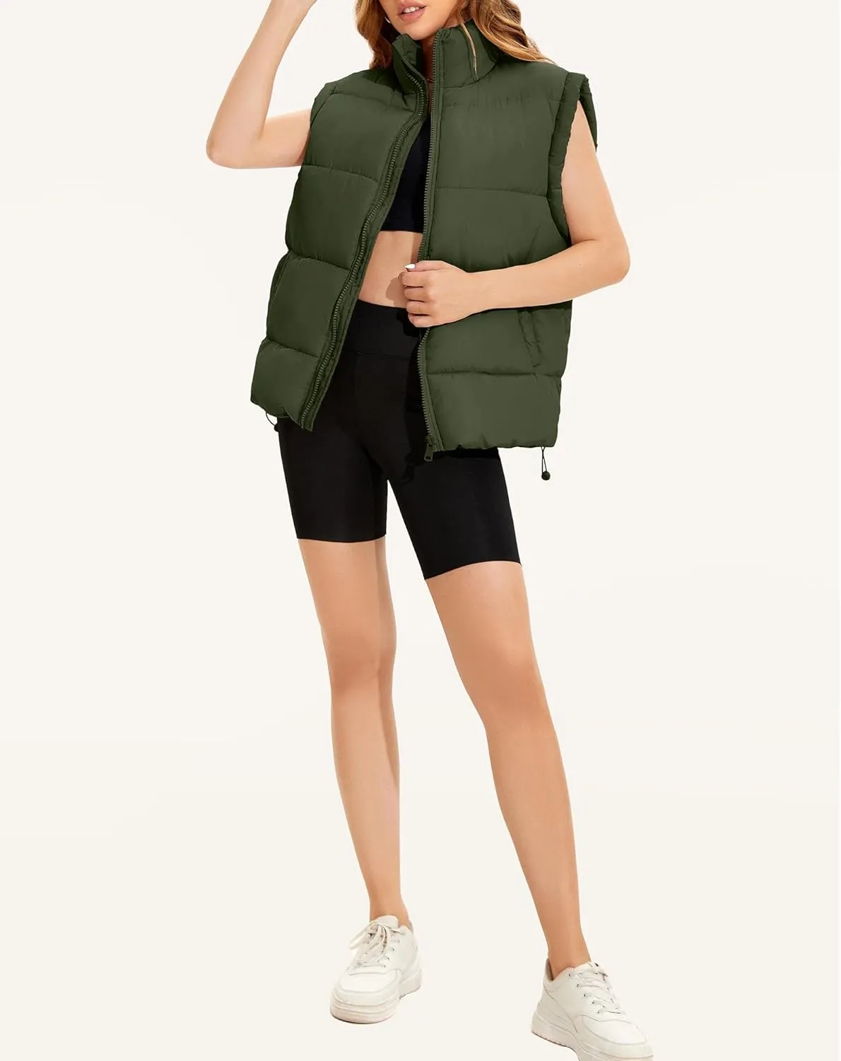 WHN Womens Oversized Puffer Vest Lightweight Winter Warm Stand Collar Padded Puffy Jackets Coats with Plush Pockets