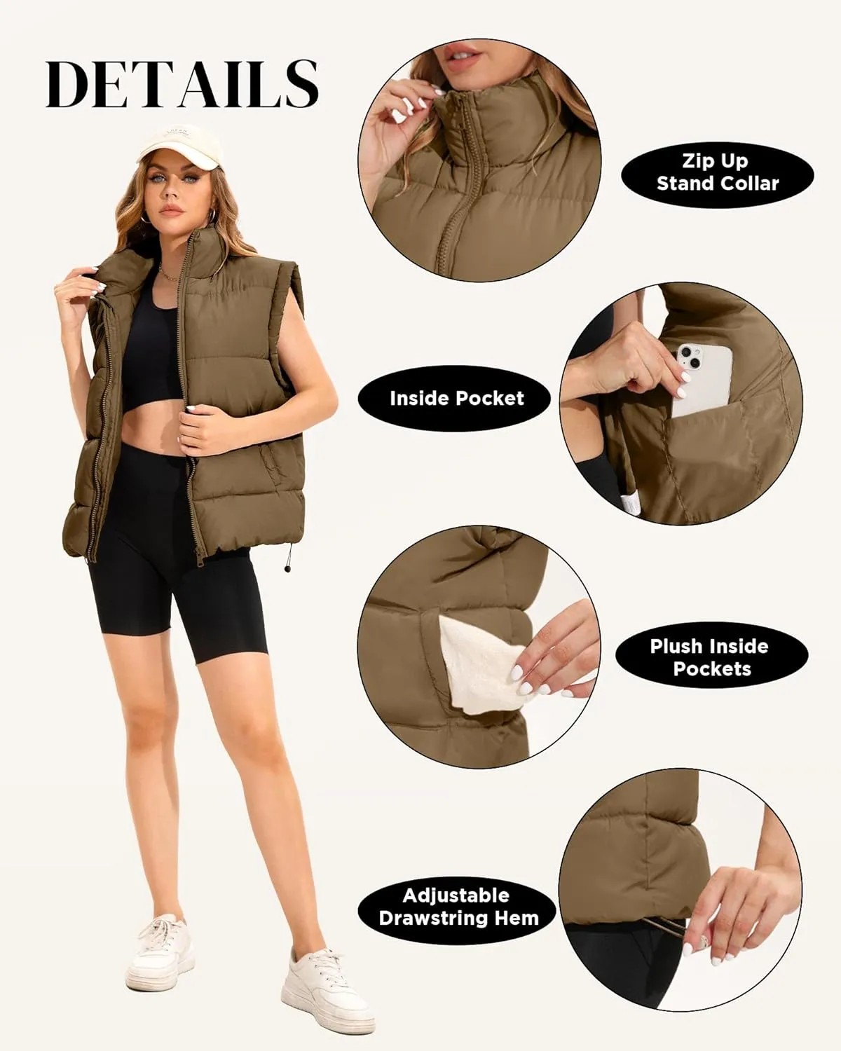 WHN Womens Oversized Puffer Vest Lightweight Winter Warm Stand Collar Padded Puffy Jackets Coats with Plush Pockets