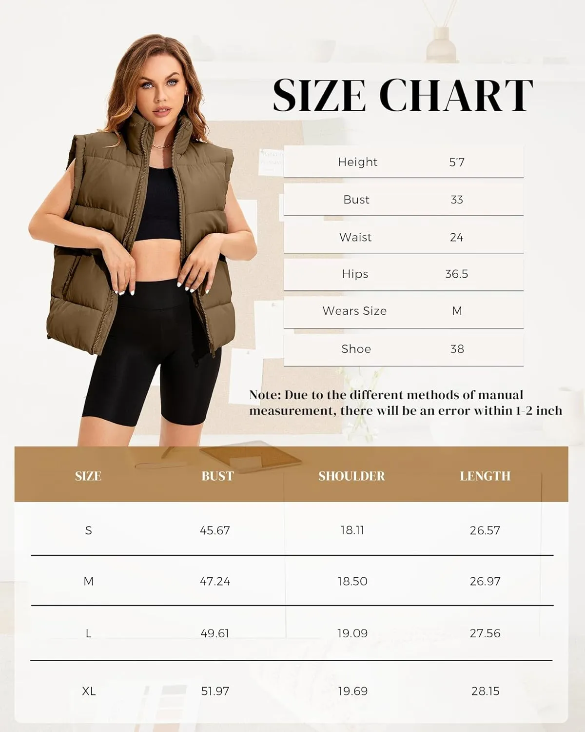 WHN Womens Oversized Puffer Vest Lightweight Winter Warm Stand Collar Padded Puffy Jackets Coats with Plush Pockets