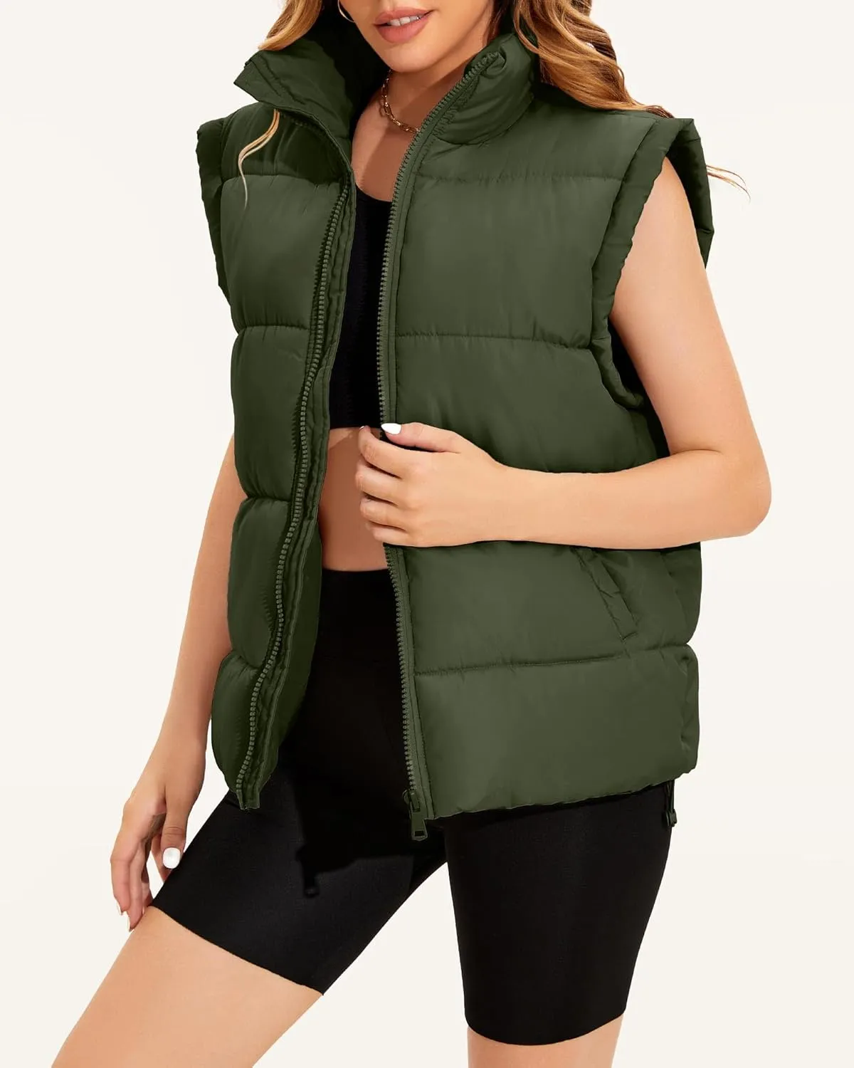 WHN Womens Oversized Puffer Vest Lightweight Winter Warm Stand Collar Padded Puffy Jackets Coats with Plush Pockets