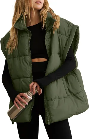 WHN Womens Oversized Puffer Vest Lightweight Winter Warm Stand Collar Padded Puffy Jackets Coats with Plush Pockets