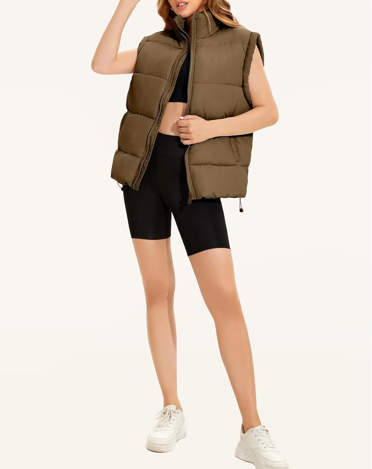WHN Womens Oversized Puffer Vest Lightweight Winter Warm Stand Collar Padded Puffy Jackets Coats with Plush Pockets