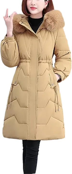 Winter Down Cotton Coat Women Long Warm Padded Puffer Jacket Fur Collar Hooded Cotton-Padded Parkas Overcoat