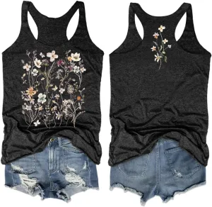 Woffccrd Womens Vintage Flowers Tank Tops Casual Boho Wildflowers Graphic Tees Cottagecore Summer Gym Vest Tops
