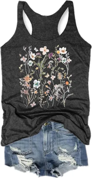 Woffccrd Womens Vintage Flowers Tank Tops Casual Boho Wildflowers Graphic Tees Cottagecore Summer Gym Vest Tops
