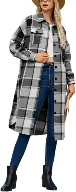 Women Checked Trench Jacket Coat Flannel Long Sleeve Button Down Oversized Jacket Shacket Windproof Windbreaker