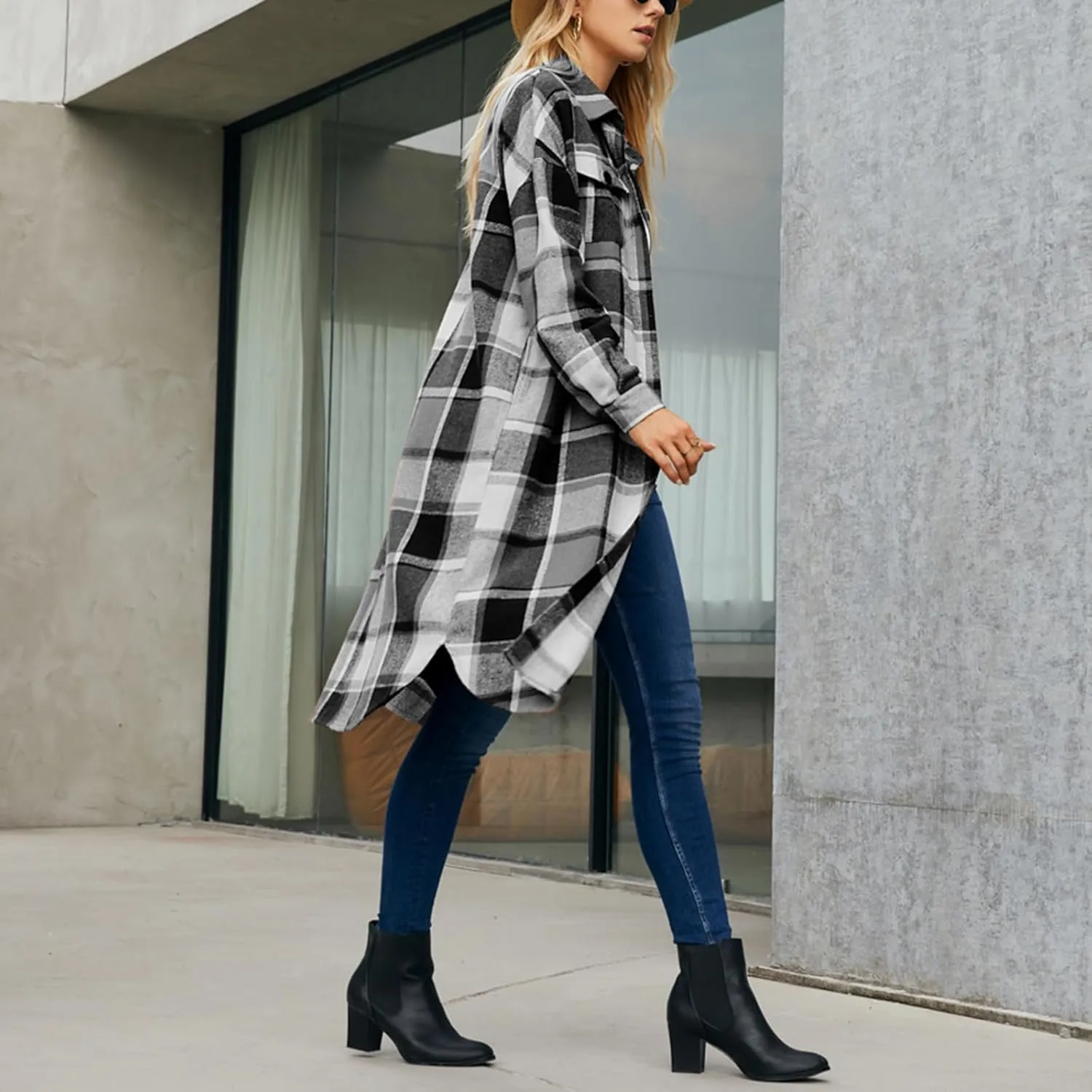 Women Checked Trench Jacket Coat Flannel Long Sleeve Button Down Oversized Jacket Shacket Windproof Windbreaker