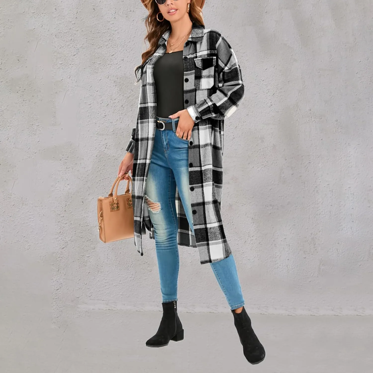 Women Checked Trench Jacket Coat Flannel Long Sleeve Button Down Oversized Jacket Shacket Windproof Windbreaker