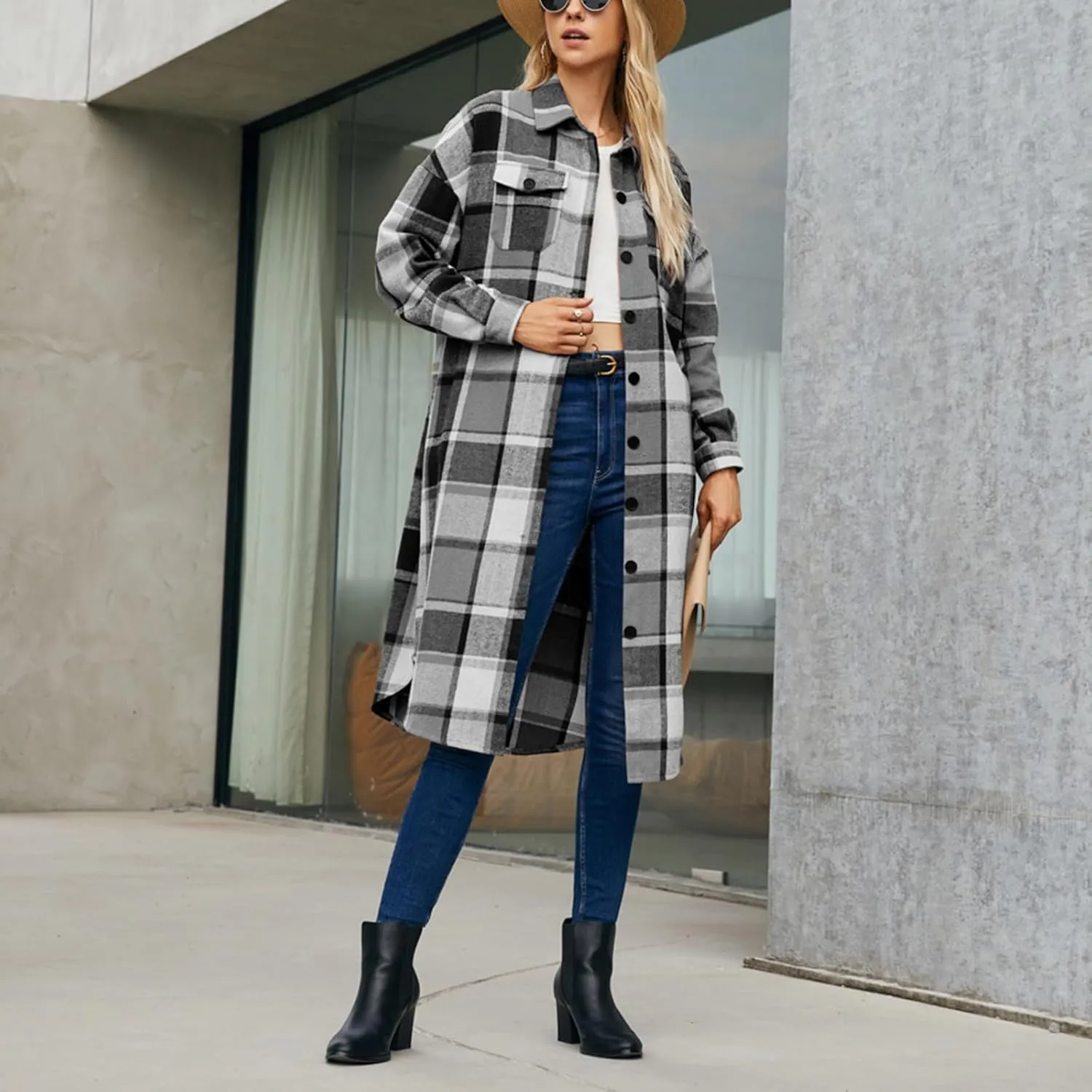 Women Checked Trench Jacket Coat Flannel Long Sleeve Button Down Oversized Jacket Shacket Windproof Windbreaker