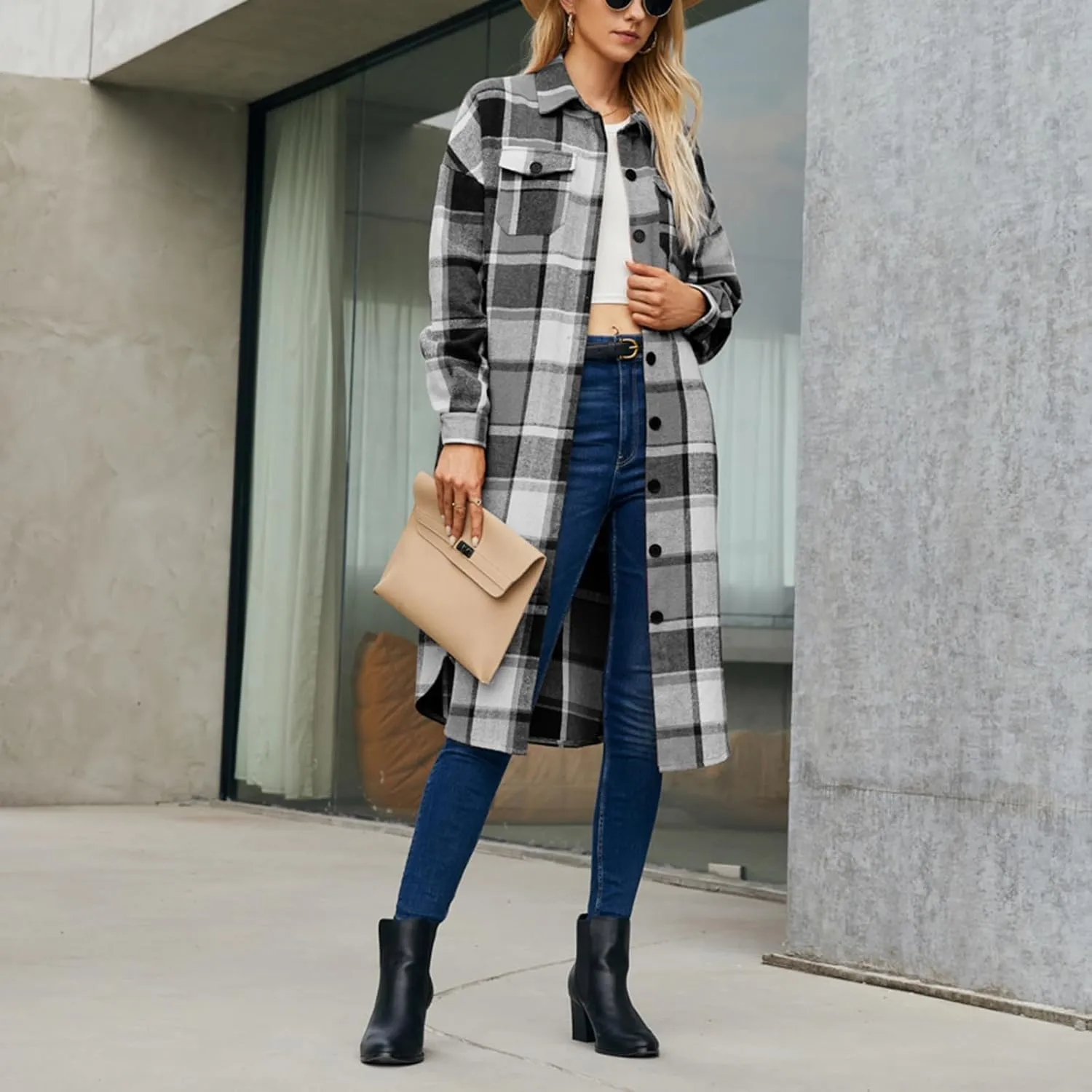 Women Checked Trench Jacket Coat Flannel Long Sleeve Button Down Oversized Jacket Shacket Windproof Windbreaker