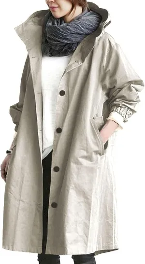 Women Hooded Trench Loose Lightweight Oversized Windproof Rain Jacket Casual Button Long Sleeve Outwear with Pockets
