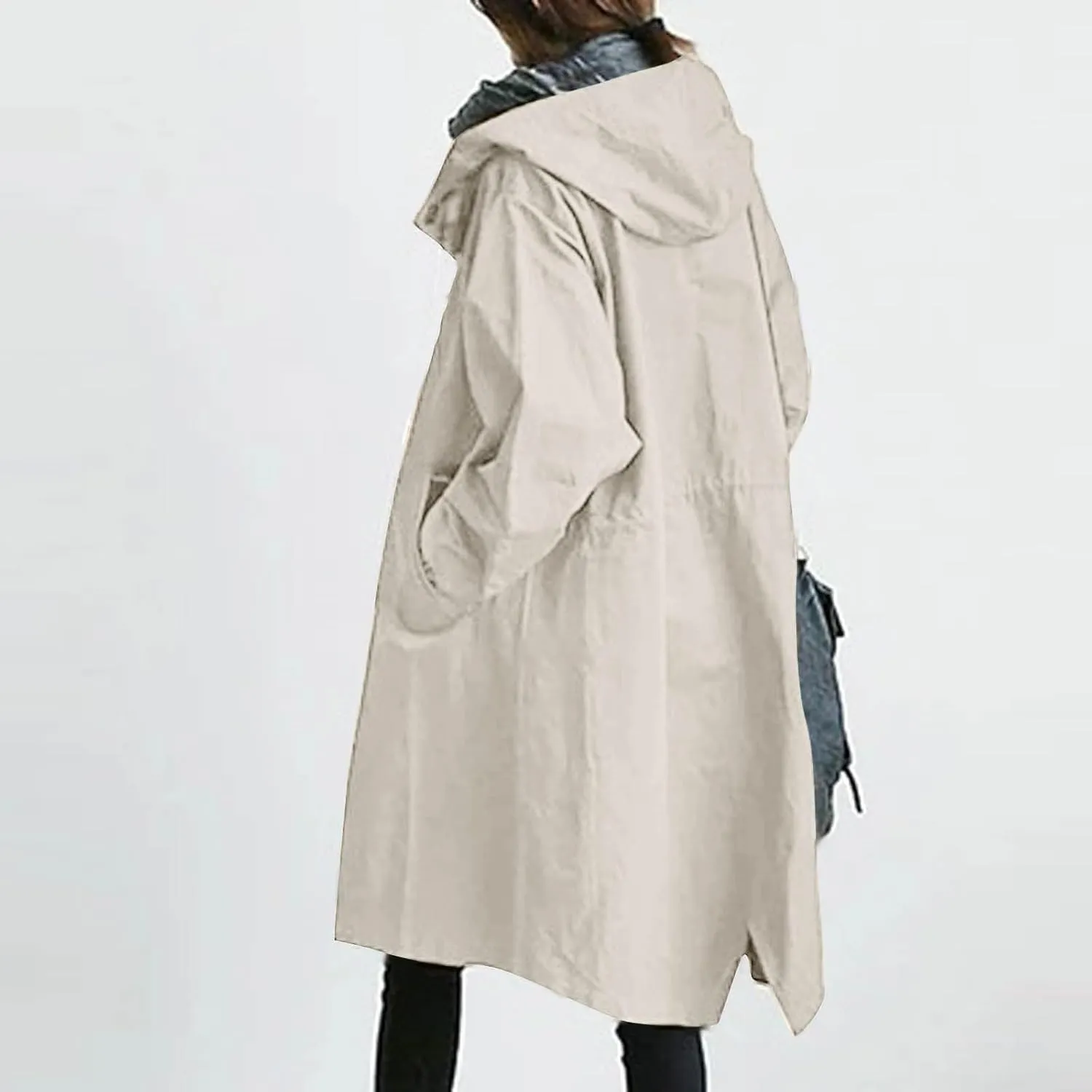 Women Hooded Trench Loose Lightweight Oversized Windproof Rain Jacket Casual Button Long Sleeve Outwear with Pockets