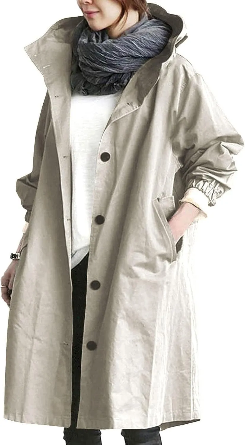 Women Hooded Trench Loose Lightweight Oversized Windproof Rain Jacket Casual Button Long Sleeve Outwear with Pockets