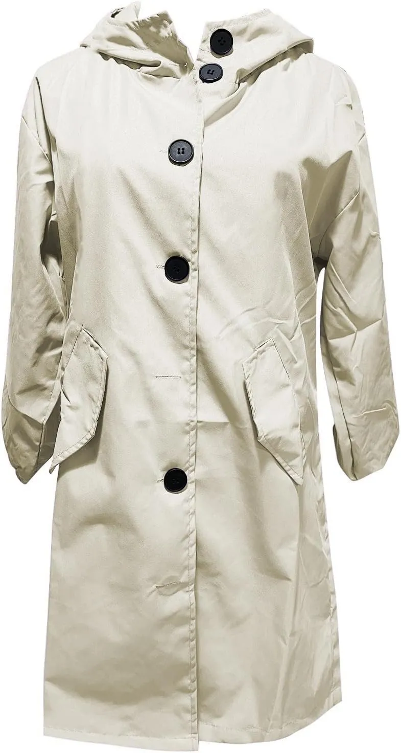 Women Hooded Trench Loose Lightweight Oversized Windproof Rain Jacket Casual Button Long Sleeve Outwear with Pockets
