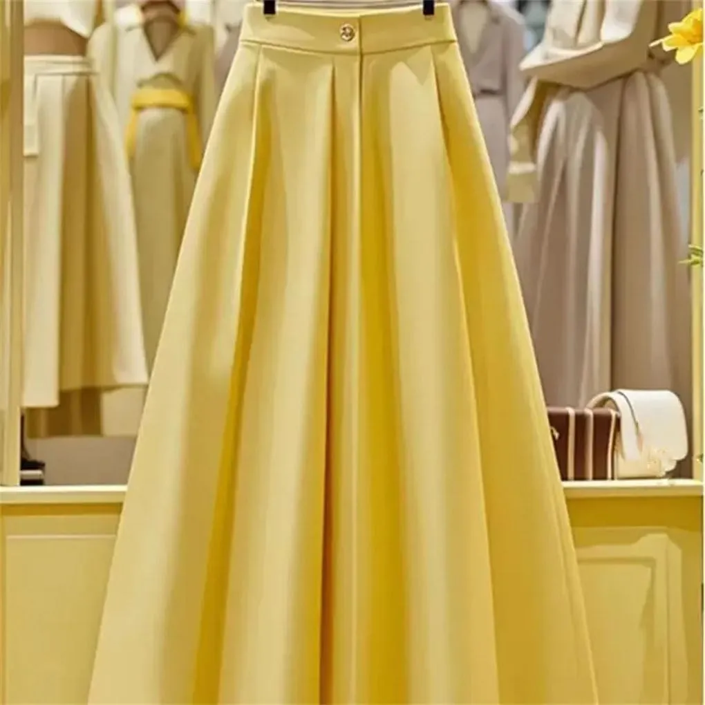 Women Solid Color High Waist Pleated Skirt Casual Loose A-Line Skirts. Women's Comfortable Skirt