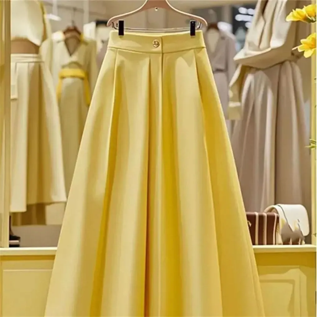 Women Solid Color High Waist Pleated Skirt Casual Loose A-Line Skirts. Women's Comfortable Skirt