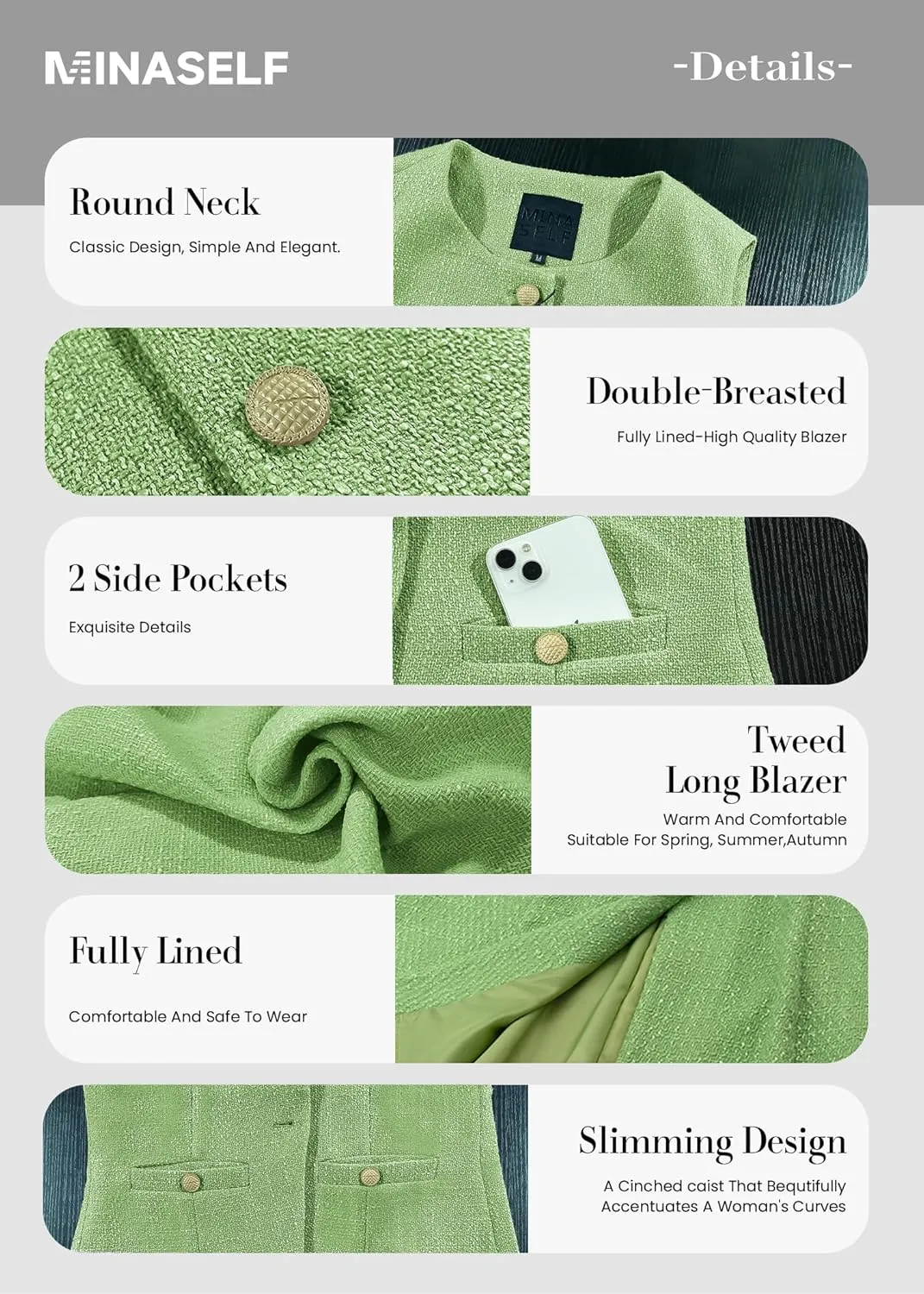 Women's 2025 Summer Tweed Vest Tops Y2K Long Sleeveless Lightweight Fashion Fully-Lined Elegant Casual with Pockets