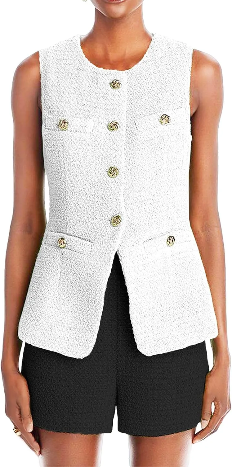 Women's 2025 Summer Tweed Vest Tops Y2K Long Sleeveless Lightweight Fashion Fully-Lined Elegant Casual with Pockets