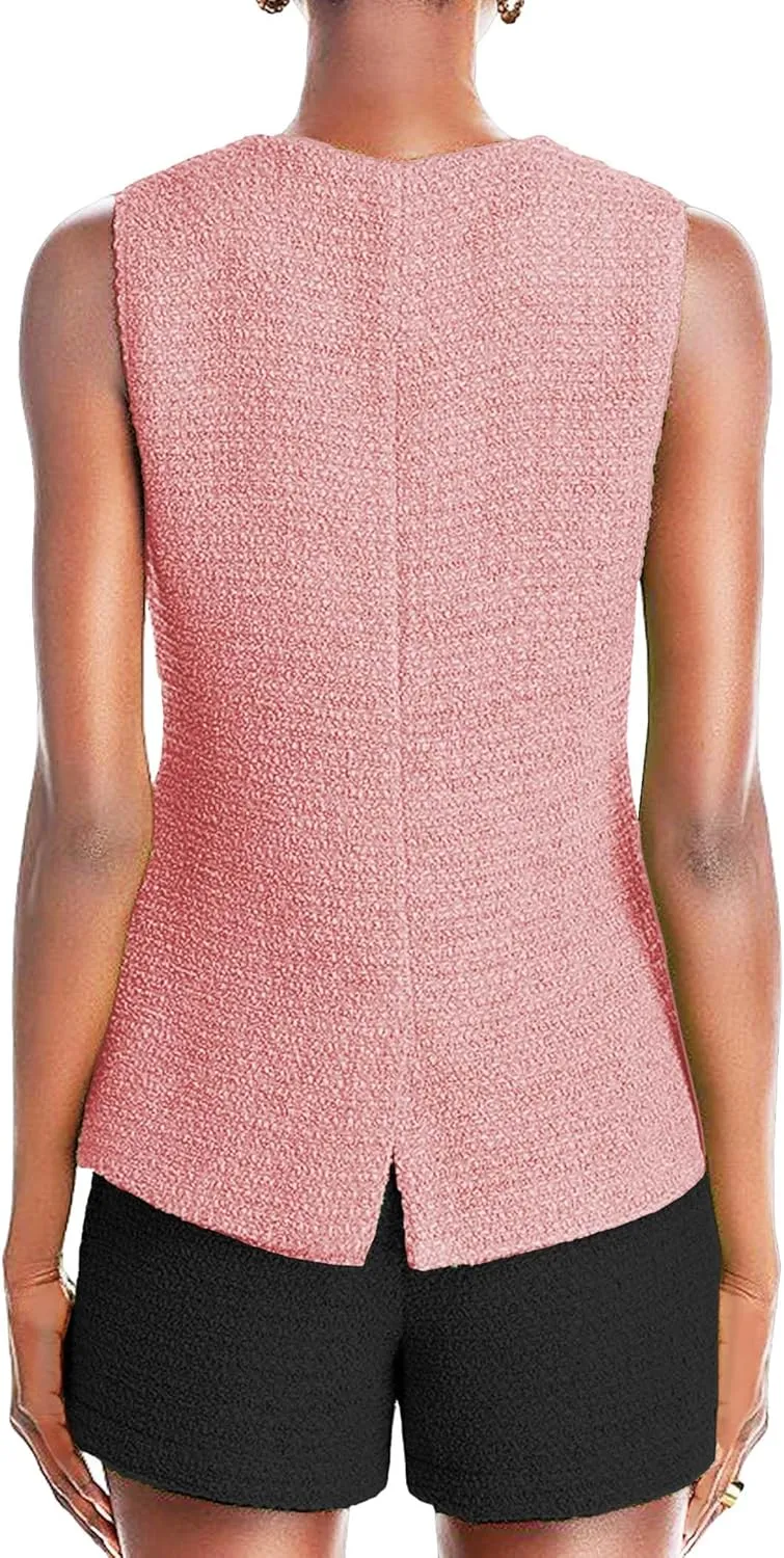 Women's 2025 Summer Tweed Vest Tops Y2K Long Sleeveless Lightweight Fashion Fully-Lined Elegant Casual with Pockets