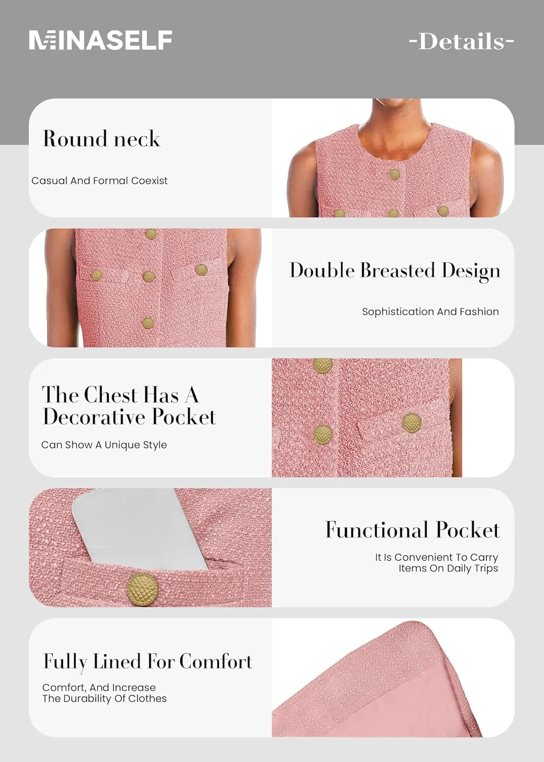 Women's 2025 Summer Tweed Vest Tops Y2K Long Sleeveless Lightweight Fashion Fully-Lined Elegant Casual with Pockets
