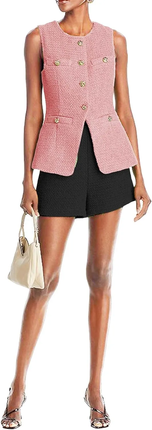 Women's 2025 Summer Tweed Vest Tops Y2K Long Sleeveless Lightweight Fashion Fully-Lined Elegant Casual with Pockets