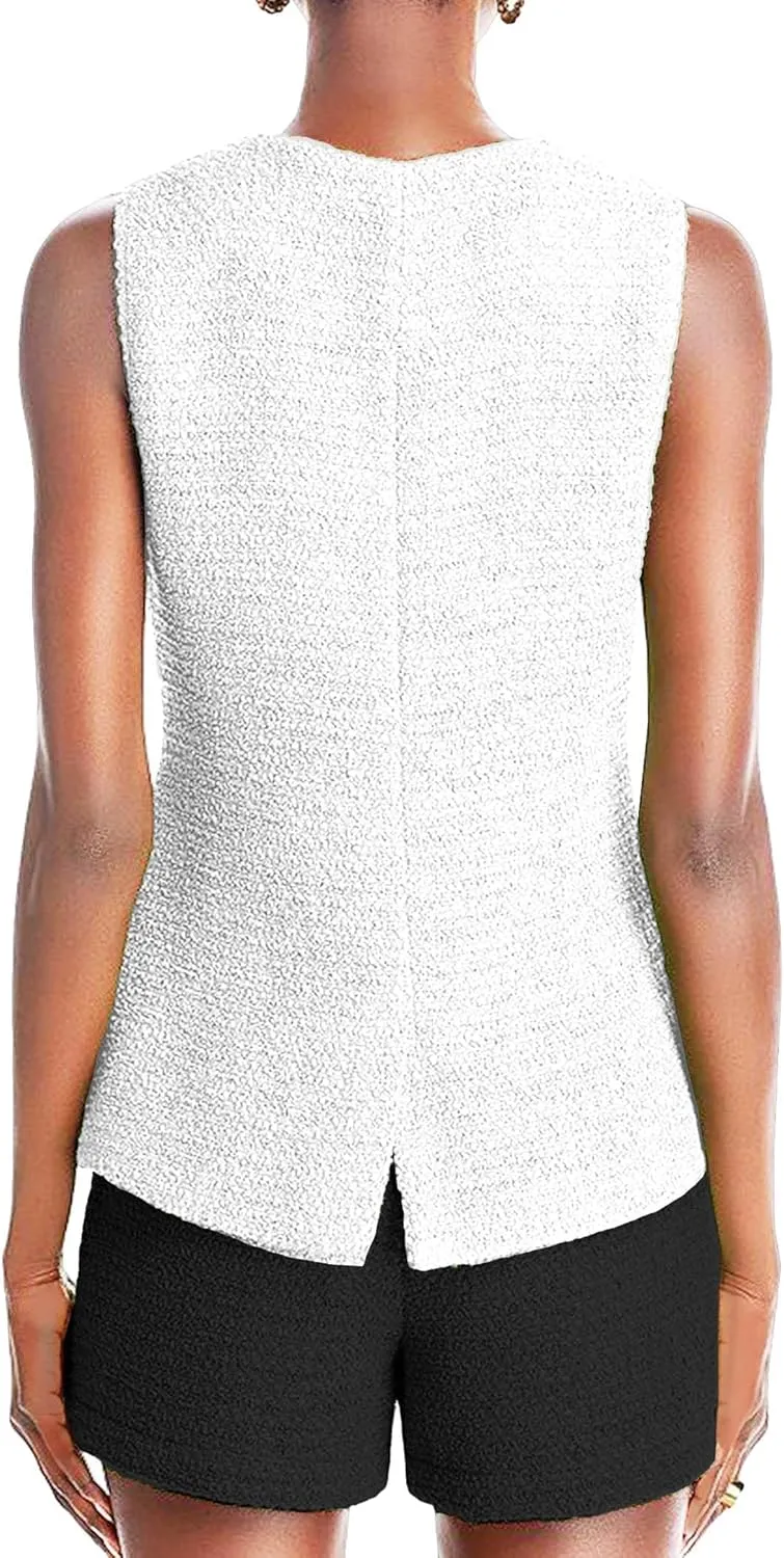 Women's 2025 Summer Tweed Vest Tops Y2K Long Sleeveless Lightweight Fashion Fully-Lined Elegant Casual with Pockets