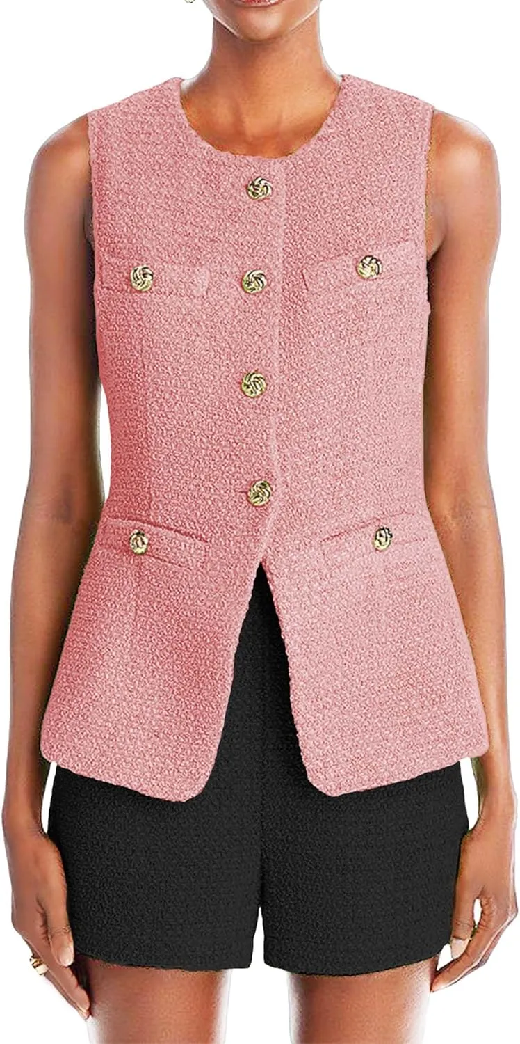 Women's 2025 Summer Tweed Vest Tops Y2K Long Sleeveless Lightweight Fashion Fully-Lined Elegant Casual with Pockets