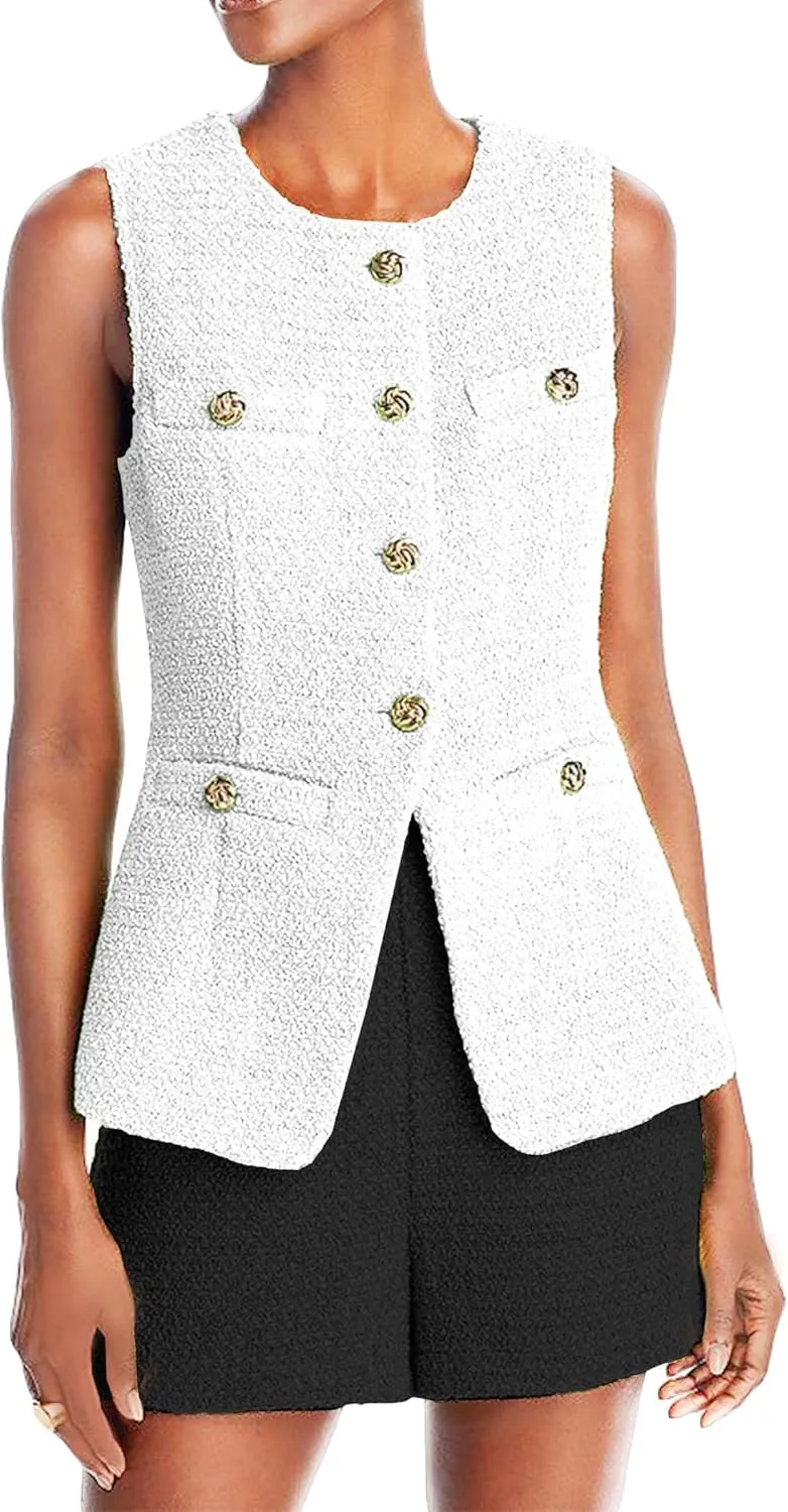 Women's 2025 Summer Tweed Vest Tops Y2K Long Sleeveless Lightweight Fashion Fully-Lined Elegant Casual with Pockets