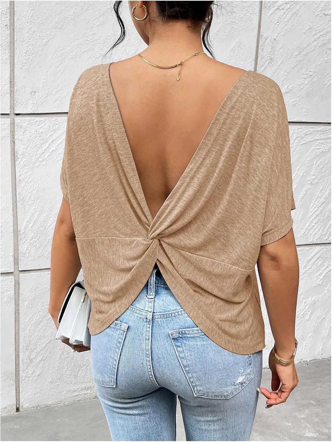Women's Backless Twist Knot T Shirt Oversized Solid Short Sleeve Tees Open Back Asymmetrical Hem Casual Tops