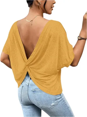 Women's Backless Twist Knot T Shirt Oversized Solid Short Sleeve Tees Open Back Asymmetrical Hem Casual Tops