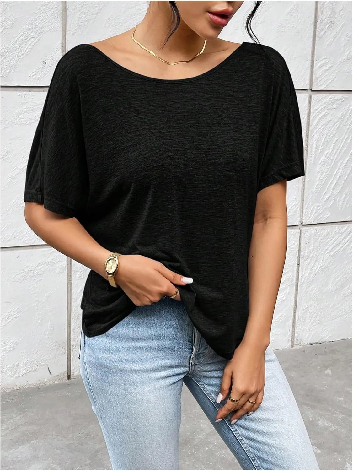 Women's Backless Twist Knot T Shirt Oversized Solid Short Sleeve Tees Open Back Asymmetrical Hem Casual Tops