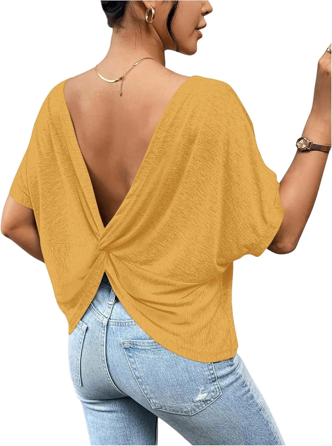 Women's Backless Twist Knot T Shirt Oversized Solid Short Sleeve Tees Open Back Asymmetrical Hem Casual Tops