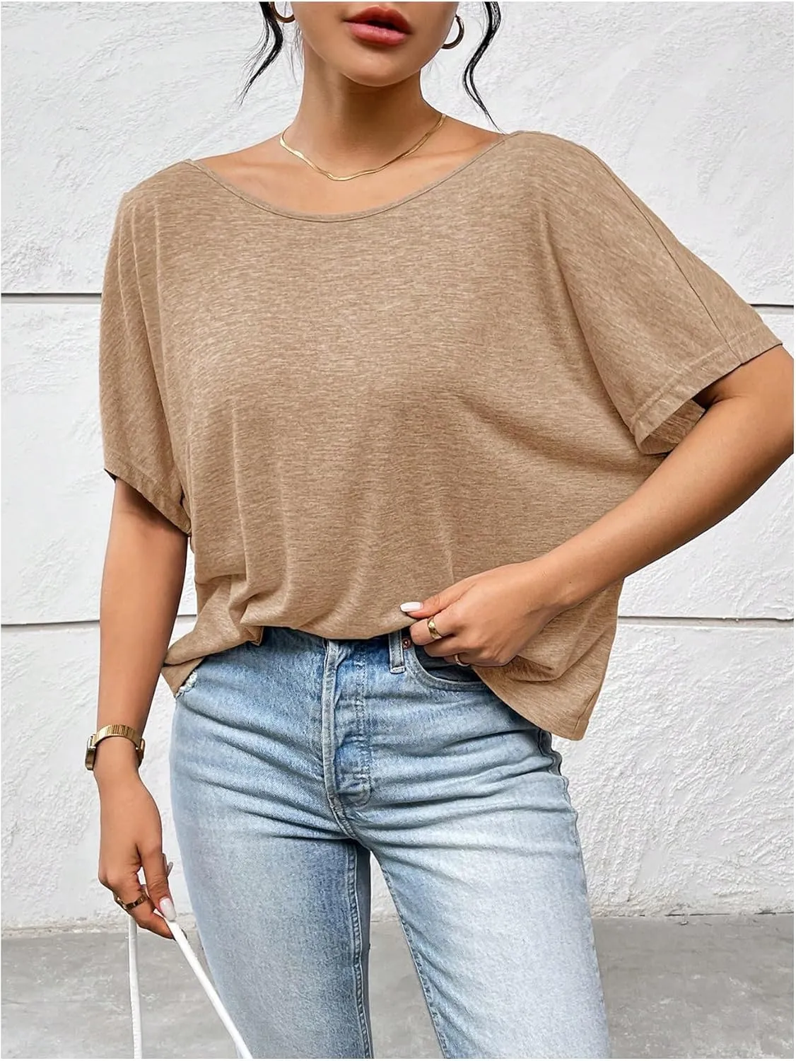 Women's Backless Twist Knot T Shirt Oversized Solid Short Sleeve Tees Open Back Asymmetrical Hem Casual Tops