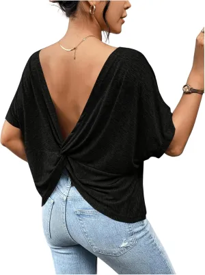 Women's Backless Twist Knot T Shirt Oversized Solid Short Sleeve Tees Open Back Asymmetrical Hem Casual Tops