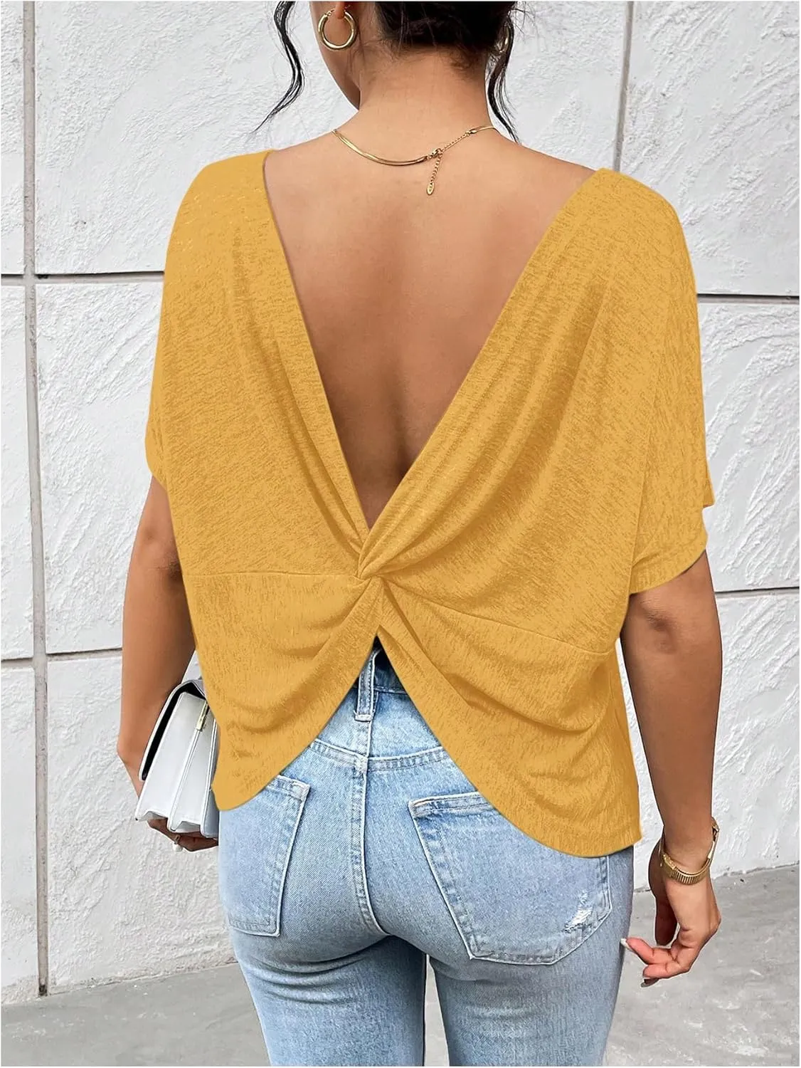 Women's Backless Twist Knot T Shirt Oversized Solid Short Sleeve Tees Open Back Asymmetrical Hem Casual Tops