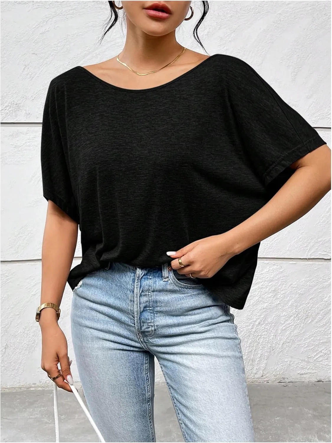 Women's Backless Twist Knot T Shirt Oversized Solid Short Sleeve Tees Open Back Asymmetrical Hem Casual Tops