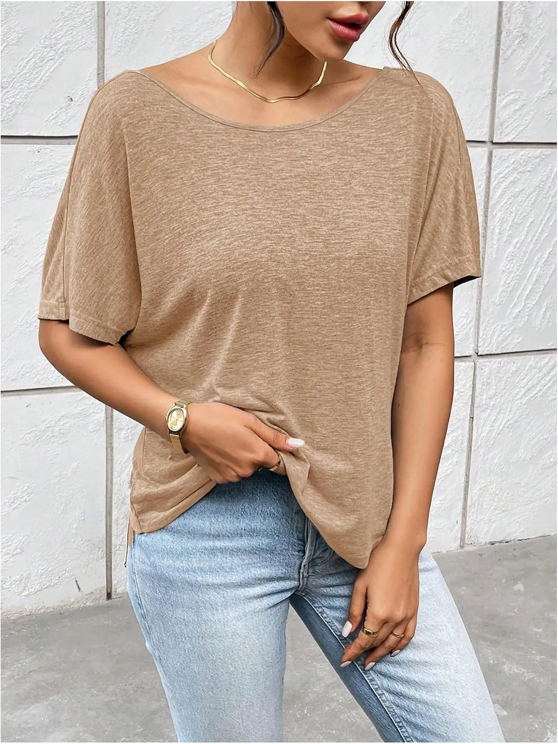 Women's Backless Twist Knot T Shirt Oversized Solid Short Sleeve Tees Open Back Asymmetrical Hem Casual Tops