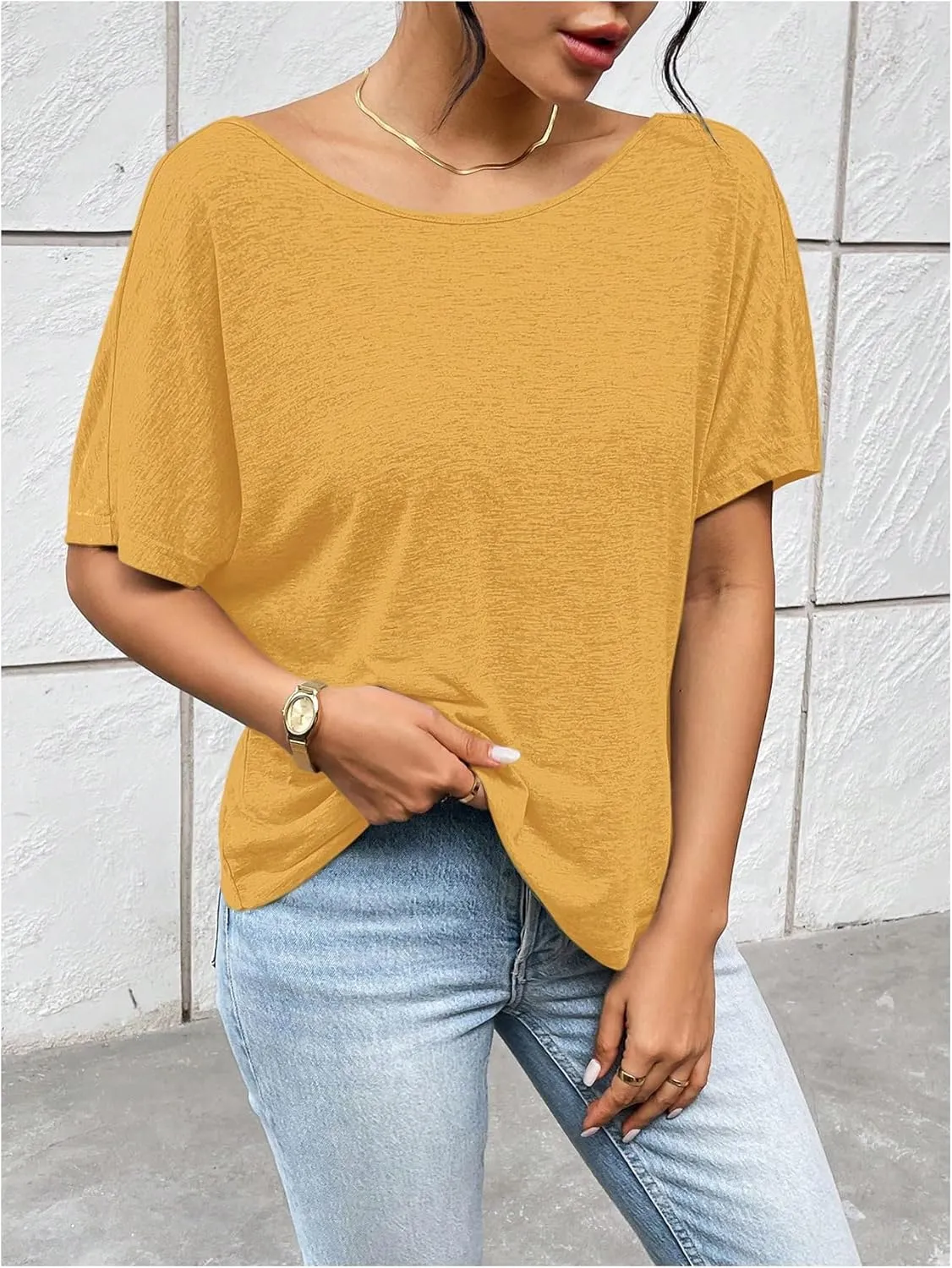 Women's Backless Twist Knot T Shirt Oversized Solid Short Sleeve Tees Open Back Asymmetrical Hem Casual Tops