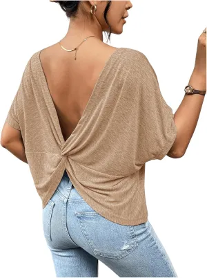 Women's Backless Twist Knot T Shirt Oversized Solid Short Sleeve Tees Open Back Asymmetrical Hem Casual Tops