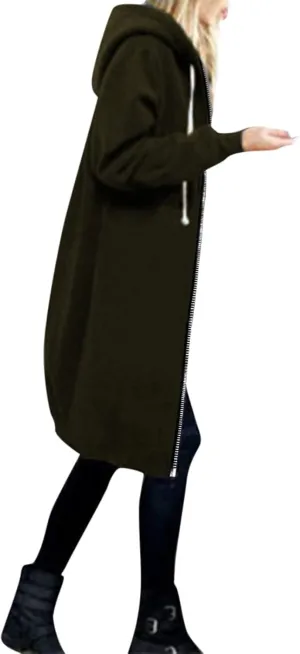 Women's Casual Zip Up Hoodies Long Tunic Sweatshirt Winter Windproof Drawstring Hooded Jacket Outerwear with Pockets