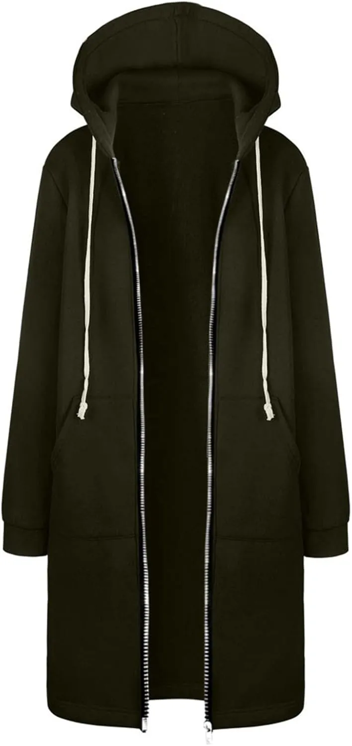 Women's Casual Zip Up Hoodies Long Tunic Sweatshirt Winter Windproof Drawstring Hooded Jacket Outerwear with Pockets