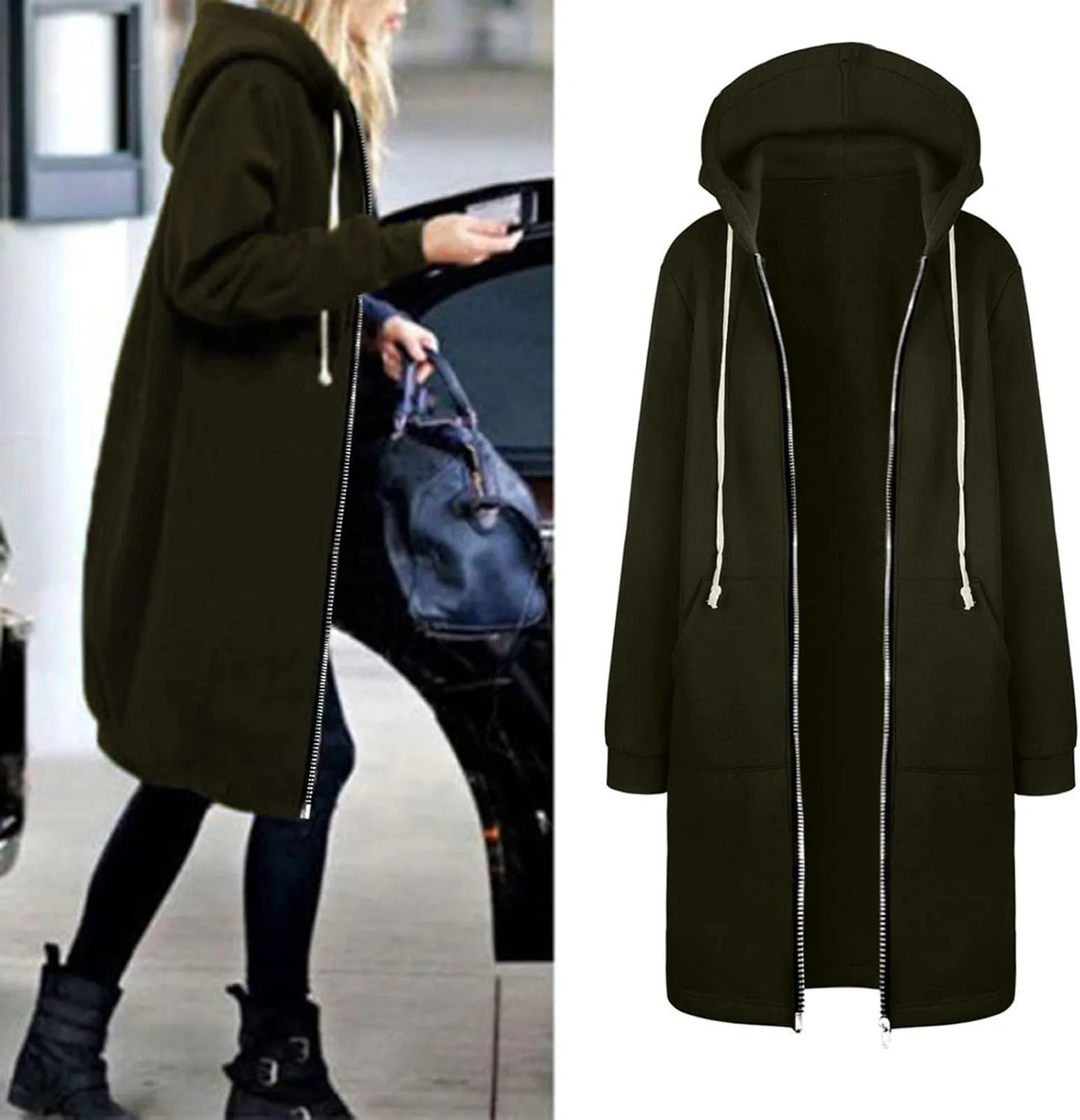 Women's Casual Zip Up Hoodies Long Tunic Sweatshirt Winter Windproof Drawstring Hooded Jacket Outerwear with Pockets
