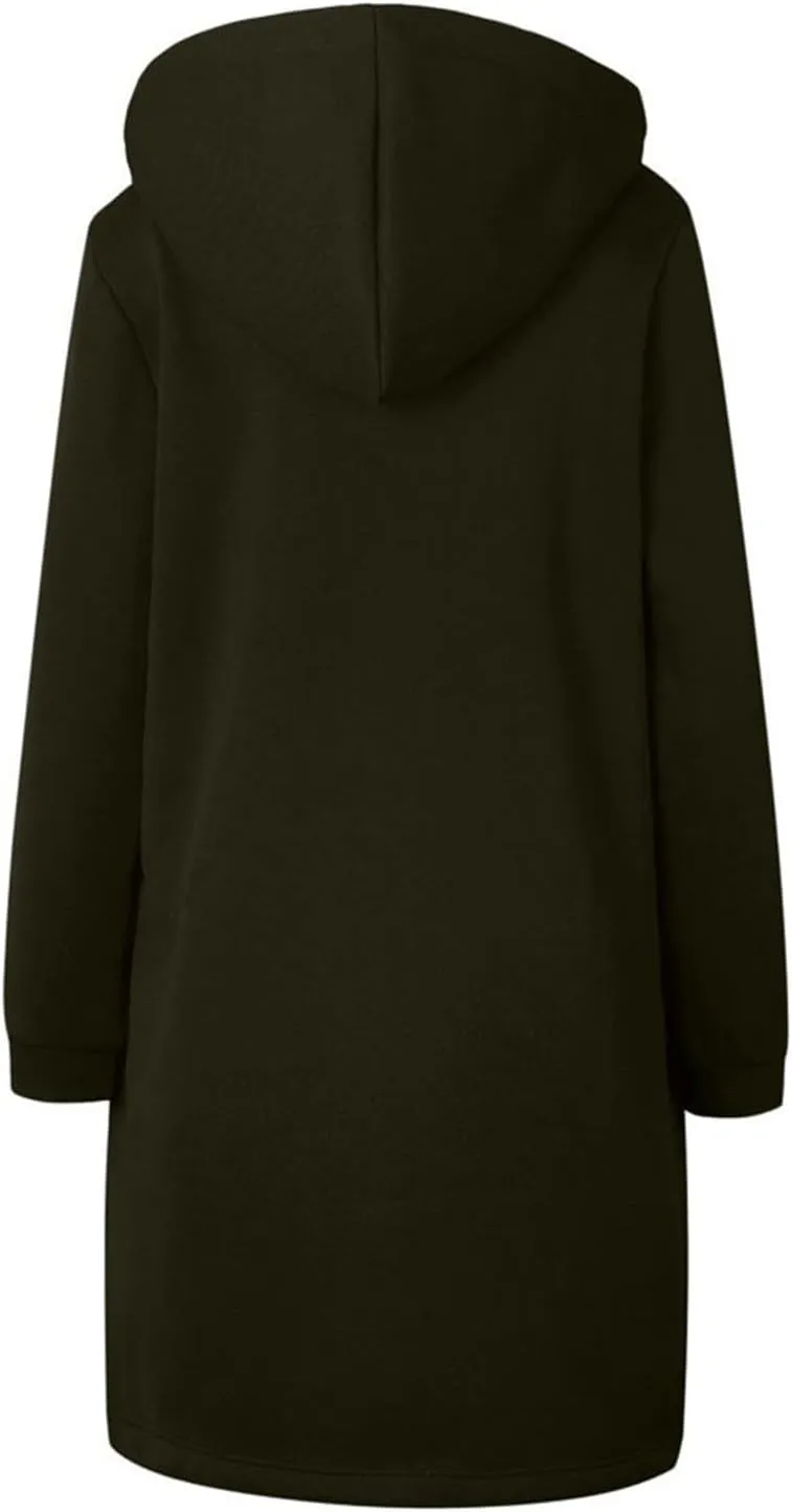 Women's Casual Zip Up Hoodies Long Tunic Sweatshirt Winter Windproof Drawstring Hooded Jacket Outerwear with Pockets
